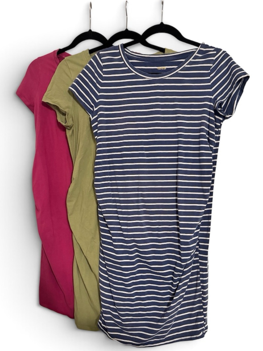 Women’s Maternity Short Sleeve Tee Dress Bundle - Navy Stripe, Olive & Magenta